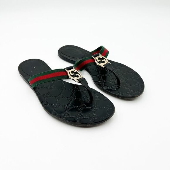 Gucci GG Web Stripe Flip Flop Sandal Black EU 37 US Women's 7 Flat Logo - Picture 2 of 14